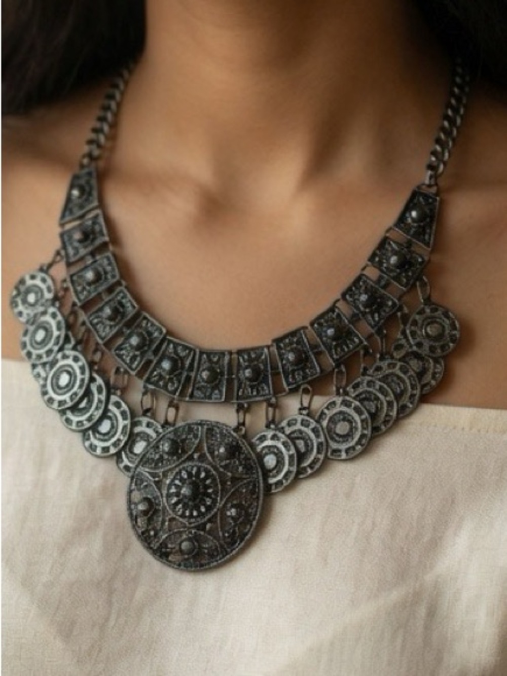 Express Gunmetal Coin Bib Necklace Filigree Medallion Statement Boho Tiered